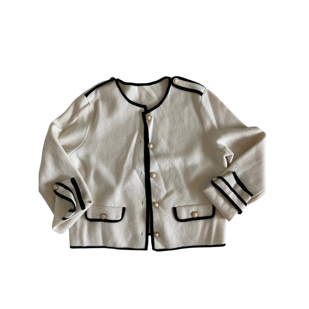 Goelia 100% Wool Knit Cardigan Jacket Cream Black Trim Gold Buttons S 1B8C6J460